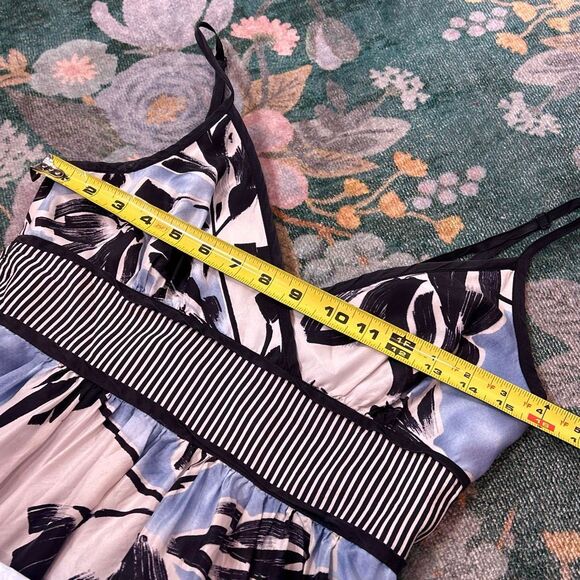 BCBGMAXAZRIA Silk Maxi Dress 6 White Blue Sleeveless Floral Abstract Ruffle Long - Picture 12 of 15